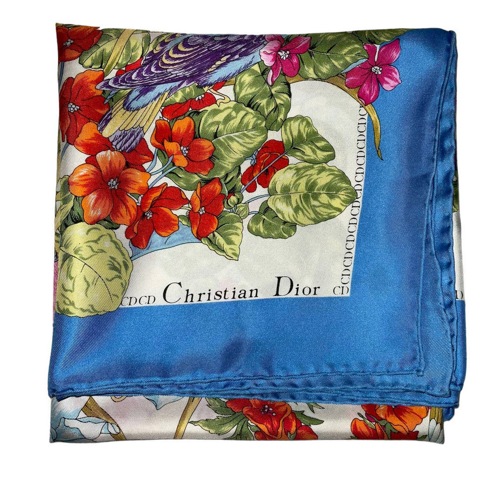 Christian Dior 32” Square 100% Silk Scarf Blue Multicolored Birds & Floral Print - Picture 8 of 16
